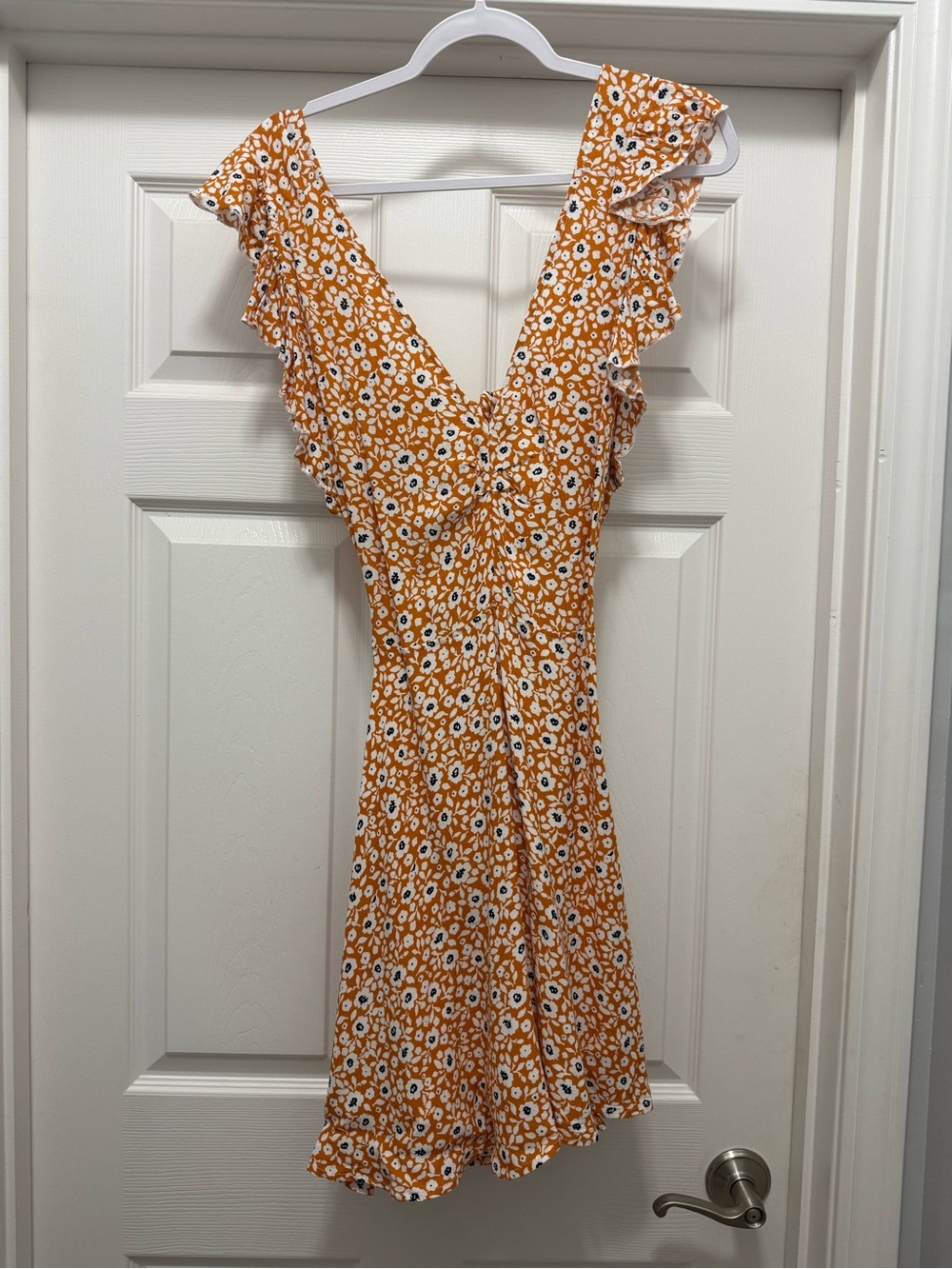 Olivaceous Mustard Floral Ruffle V-Neck Mini Dress